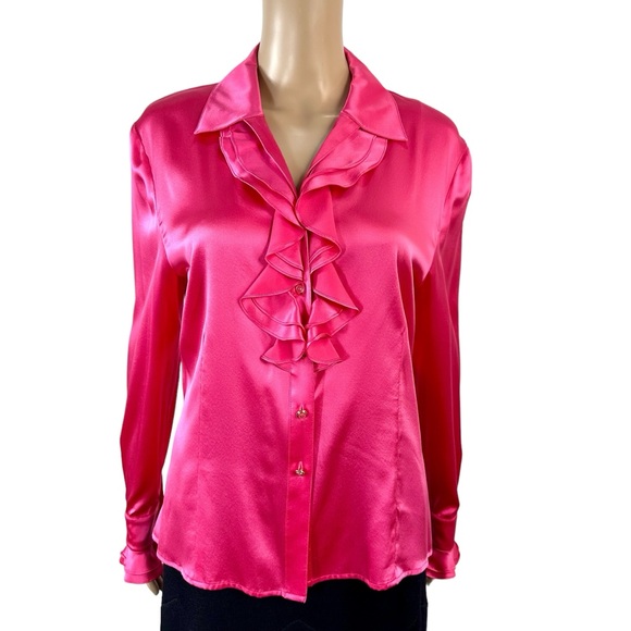 St. John bright pink silk blouse with ruffle front, long sleeve sz 8 - Picture 7 of 8